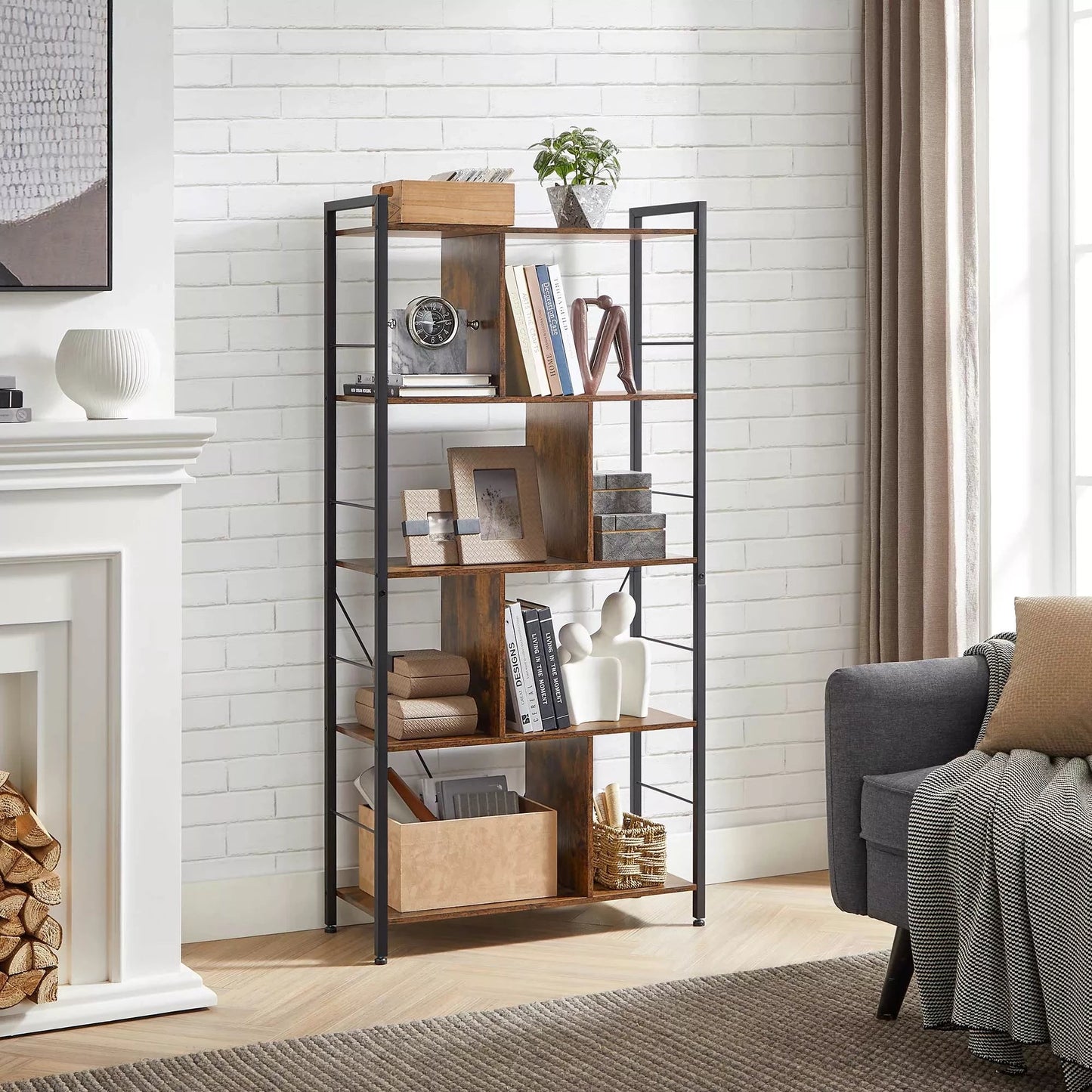 In And OutdoorMatch Boekenkast Sherman - 5 Tier Shelving Unit - Office Shelves - Open Shelves - Industrial Design - Living Room - Bedroom - Office - Study - Home - Office - Vintage Brown/Black Boekenkast