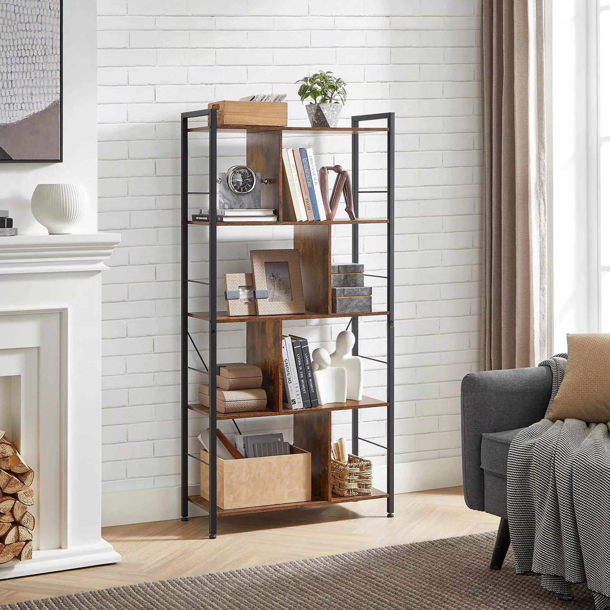 In And OutdoorMatch Boekenkast Sherman - 5 Tier Shelving Unit - Office Shelves - Open Shelves - Industrial Design - Living Room - Bedroom - Office - Study - Home - Office - Vintage Brown/Black Boekenkast