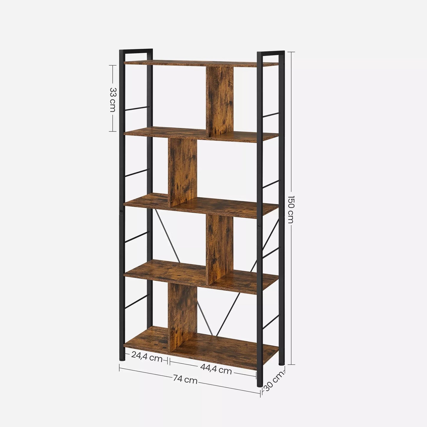 In And OutdoorMatch Boekenkast Sherman - 5 Tier Shelving Unit - Office Shelves - Open Shelves - Industrial Design - Living Room - Bedroom - Office - Study - Home - Office - Vintage Brown/Black Boekenkast
