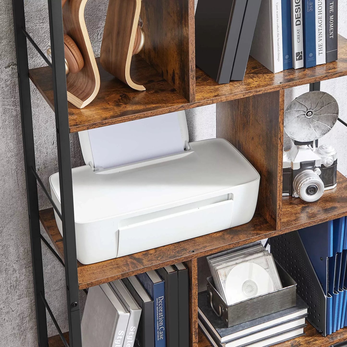 In And OutdoorMatch Boekenkast Sherman - 5 Tier Shelving Unit - Office Shelves - Open Shelves - Industrial Design - Living Room - Bedroom - Office - Study - Home - Office - Vintage Brown/Black Boekenkast