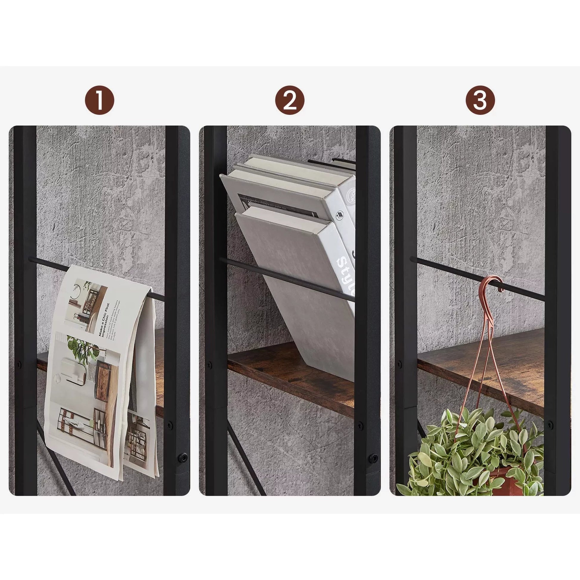 In And OutdoorMatch Boekenkast Sherman - 5 Tier Shelving Unit - Office Shelves - Open Shelves - Industrial Design - Living Room - Bedroom - Office - Study - Home - Office - Vintage Brown/Black Boekenkast