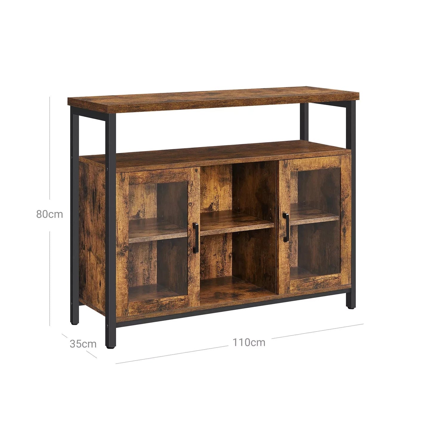 In And OutdoorMatch Dressoir Keukenkast Clyde - Opbergkast - met 2 Helder Glazen Deuren - Verstelbare Planken - 100x35x80cm - Industriële Stijl - Vintage Bruin/Zwart Kast