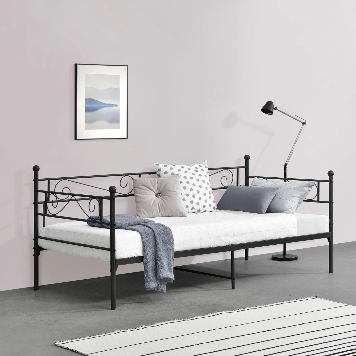 In And OutdoorMatch Eenpersoonsslaapbank Deri - 3-zitsbank - 90x200 cm - Zwart - Vintage Design - Metalen bedframe Eén persoon slapen