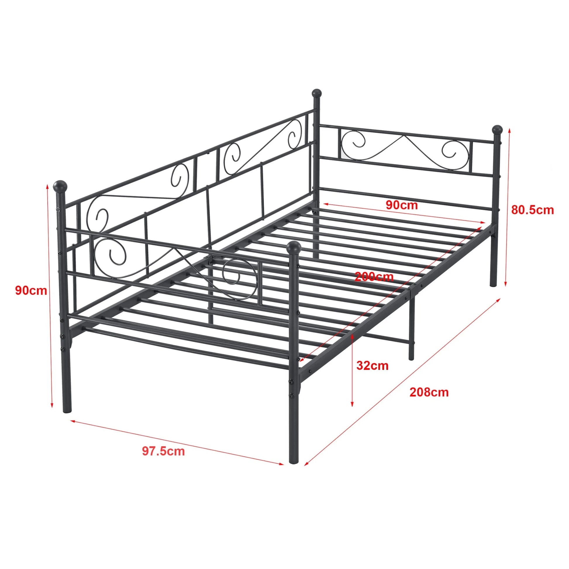 In And OutdoorMatch Eenpersoonsslaapbank Deri - 3-zitsbank - 90x200 cm - Zwart - Vintage Design - Metalen bedframe Eén persoon slapen