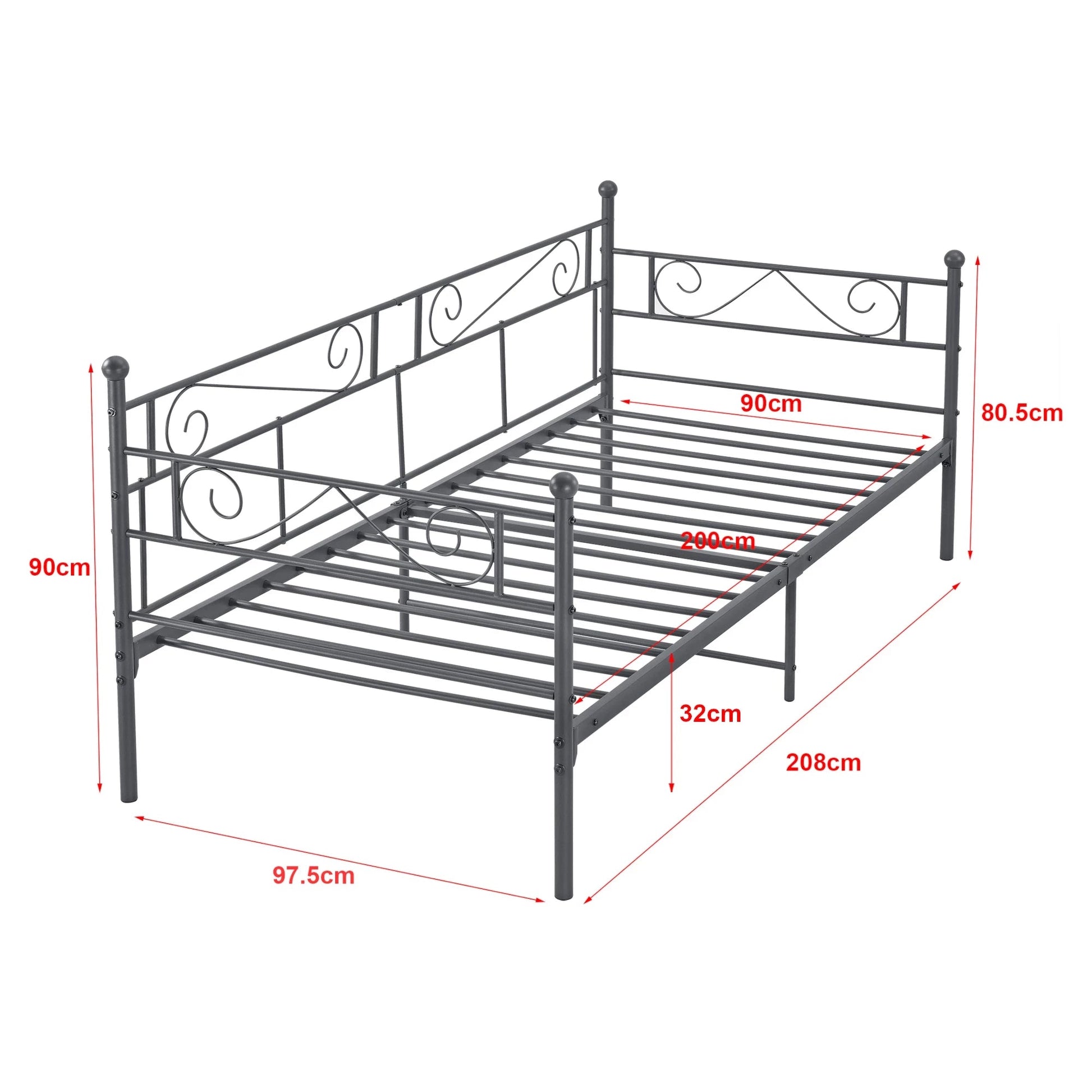 In And OutdoorMatch Eenpersoonsslaapbank Giggs - 3-zitsbank - 90x200 cm - Donkergrijs - Vintage Design - Metalen bedframe Eén persoon slapen