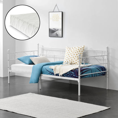 In And OutdoorMatch Eenpersoonsslaapbank Gigi - Met Matras - 90x200 cm - Wit - Vintage Design - Metalen bedframe Eén persoon slapen