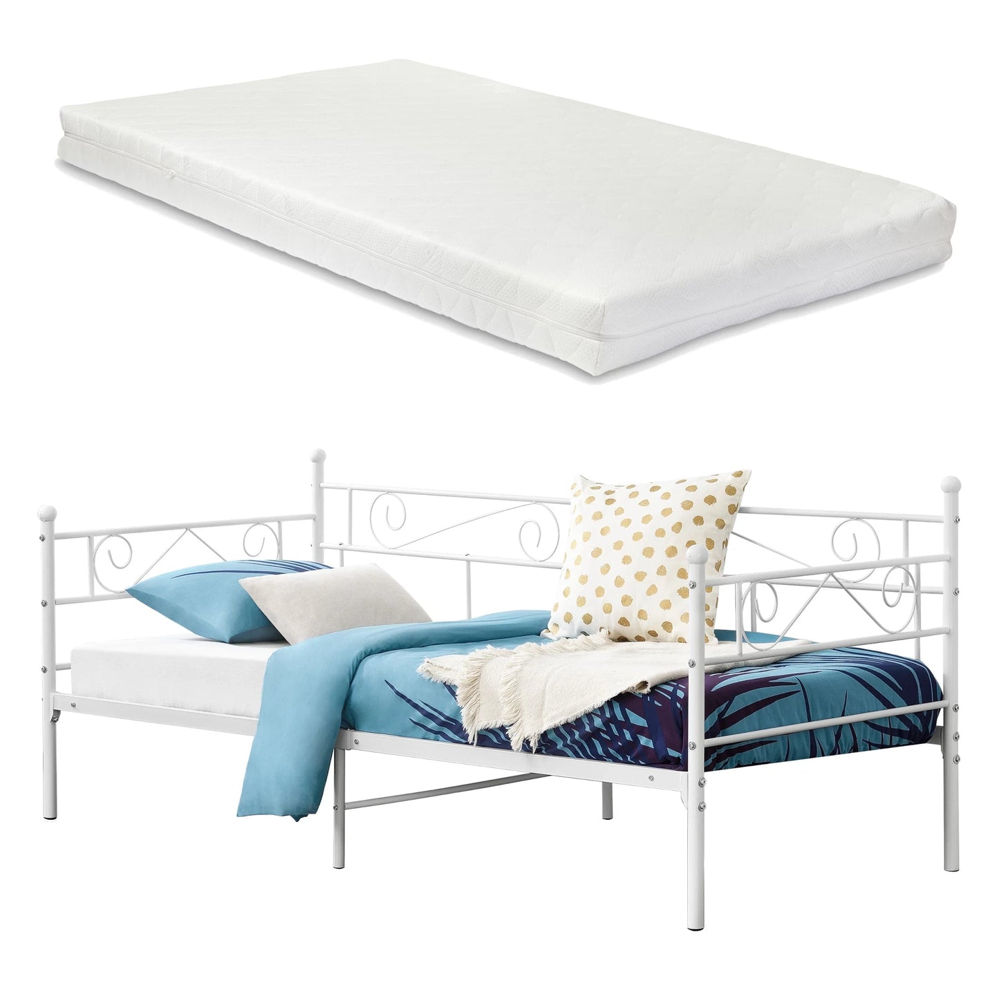 In And OutdoorMatch Eenpersoonsslaapbank Gigi - Met Matras - 90x200 cm - Wit - Vintage Design - Metalen bedframe Eén persoon slapen