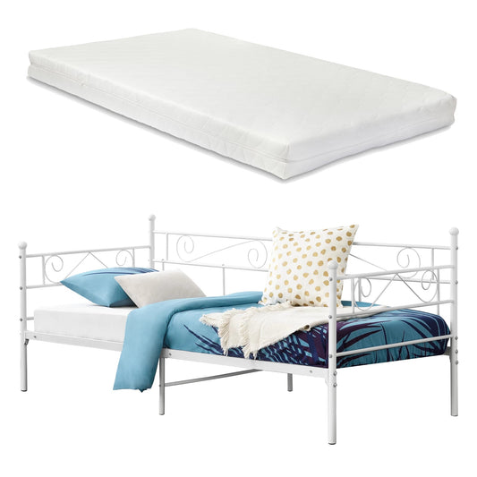 In And OutdoorMatch Eenpersoonsslaapbank Gigi - Met Matras - 90x200 cm - Wit - Vintage Design - Metalen bedframe Eén persoon slapen