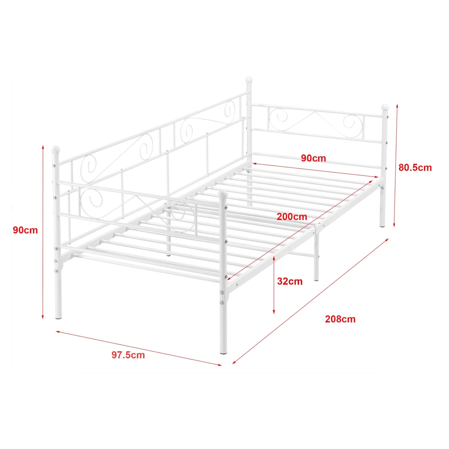In And OutdoorMatch Eenpersoonsslaapbank Nera - 3-zitsbank - 90x200 cm - Wit - Vintage Design - Metalen bedframe Eén persoon slapen