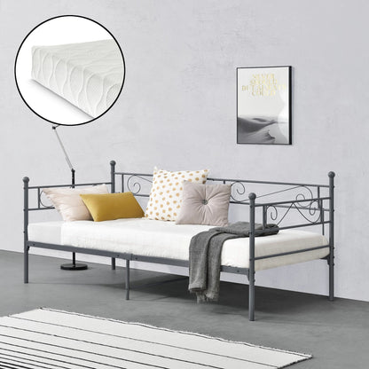 In And OutdoorMatch Eenpersoonsslaapbank Zizi - Met Matras - 90x200 cm - Donkergrijs - Vintage Design - Metalen Bedframe Eén persoon slapen