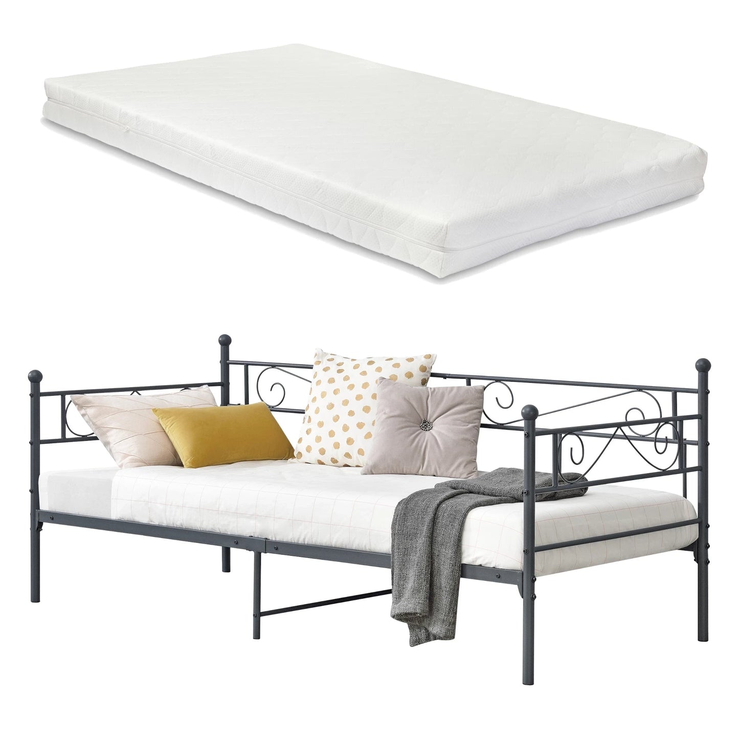 In And OutdoorMatch Eenpersoonsslaapbank Zizi - Met Matras - 90x200 cm - Donkergrijs - Vintage Design - Metalen Bedframe Eén persoon slapen