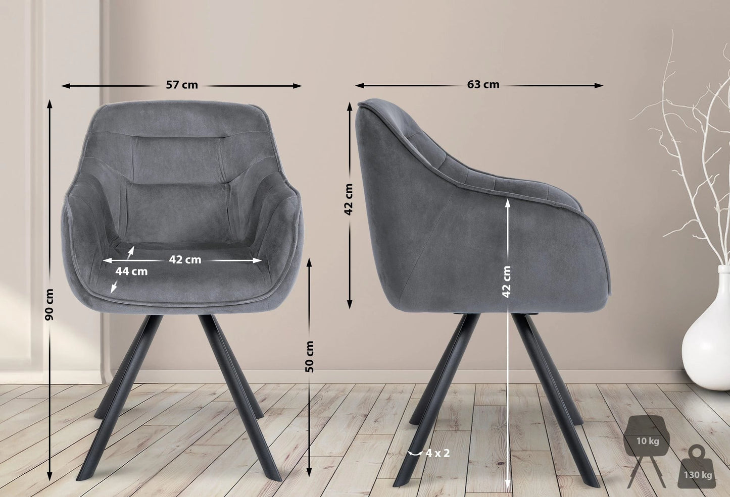 In And OutdoorMatch Eetkamerstoel Alejo - Grijs - Met Armleuningen - Fluweel - Hoogwaardige Bekleding - Comfortabele en Luxe Eetkamerstoel - Vintage Look Eetkamerstoel