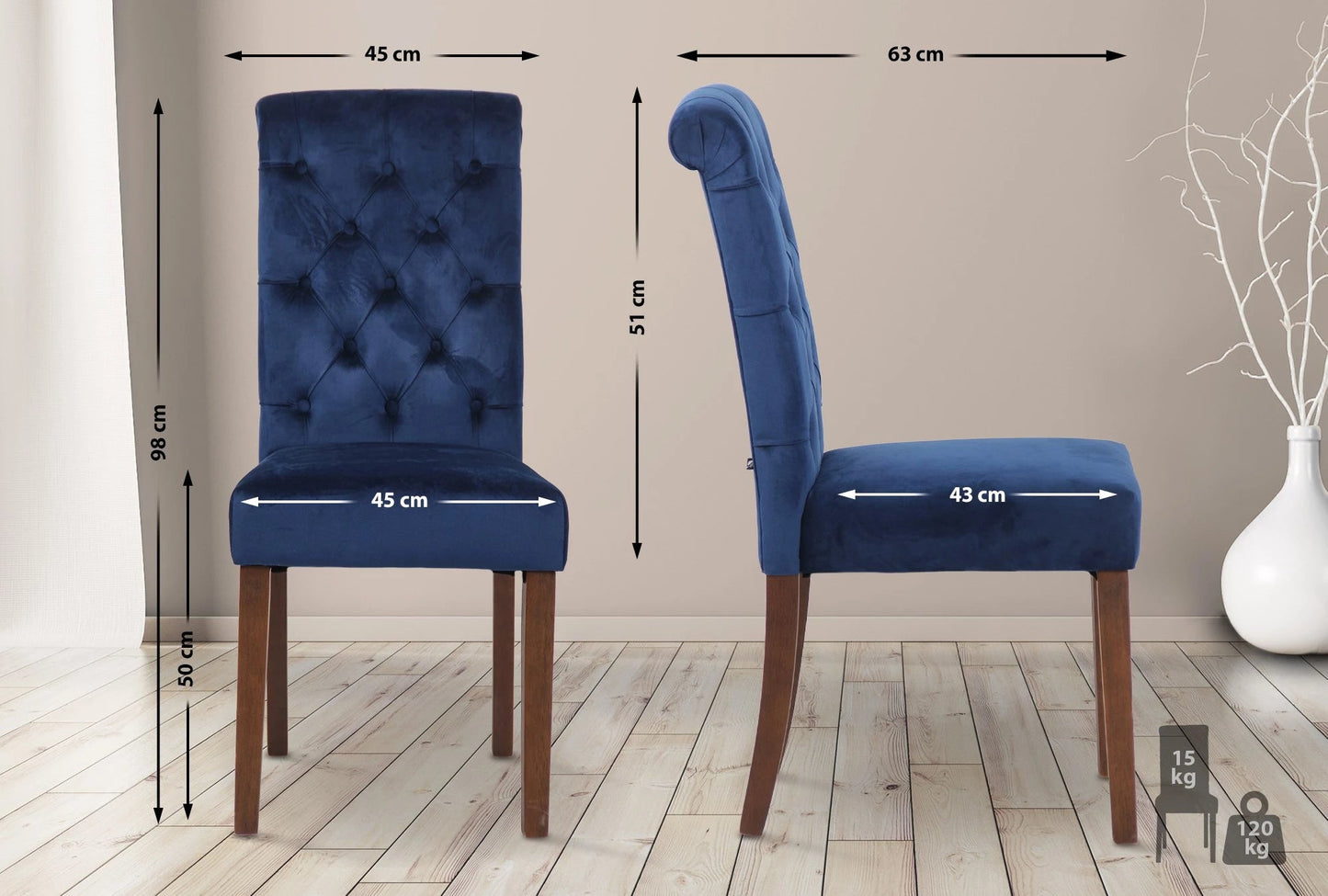 In And OutdoorMatch Eetkamerstoel Amilia - Blauw - Stof - Hoge kwaliteit bekleding - Fluwelen Eetkamerstoel - Vintage Look Eetkamerstoel