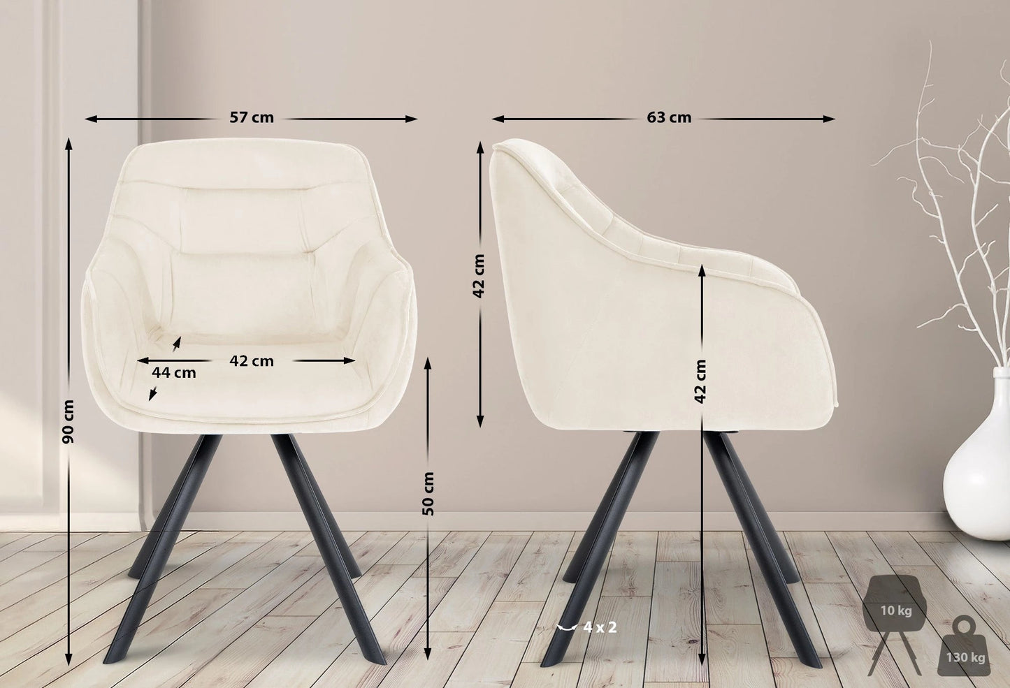 In And OutdoorMatch Eetkamerstoel Beverly - Crème - Met Armleuningen - Fluweel - Hoge Kwaliteit Bekleding - Comfortabele en Luxe Eetkamerstoel - Vintage Look Eetkamerstoel