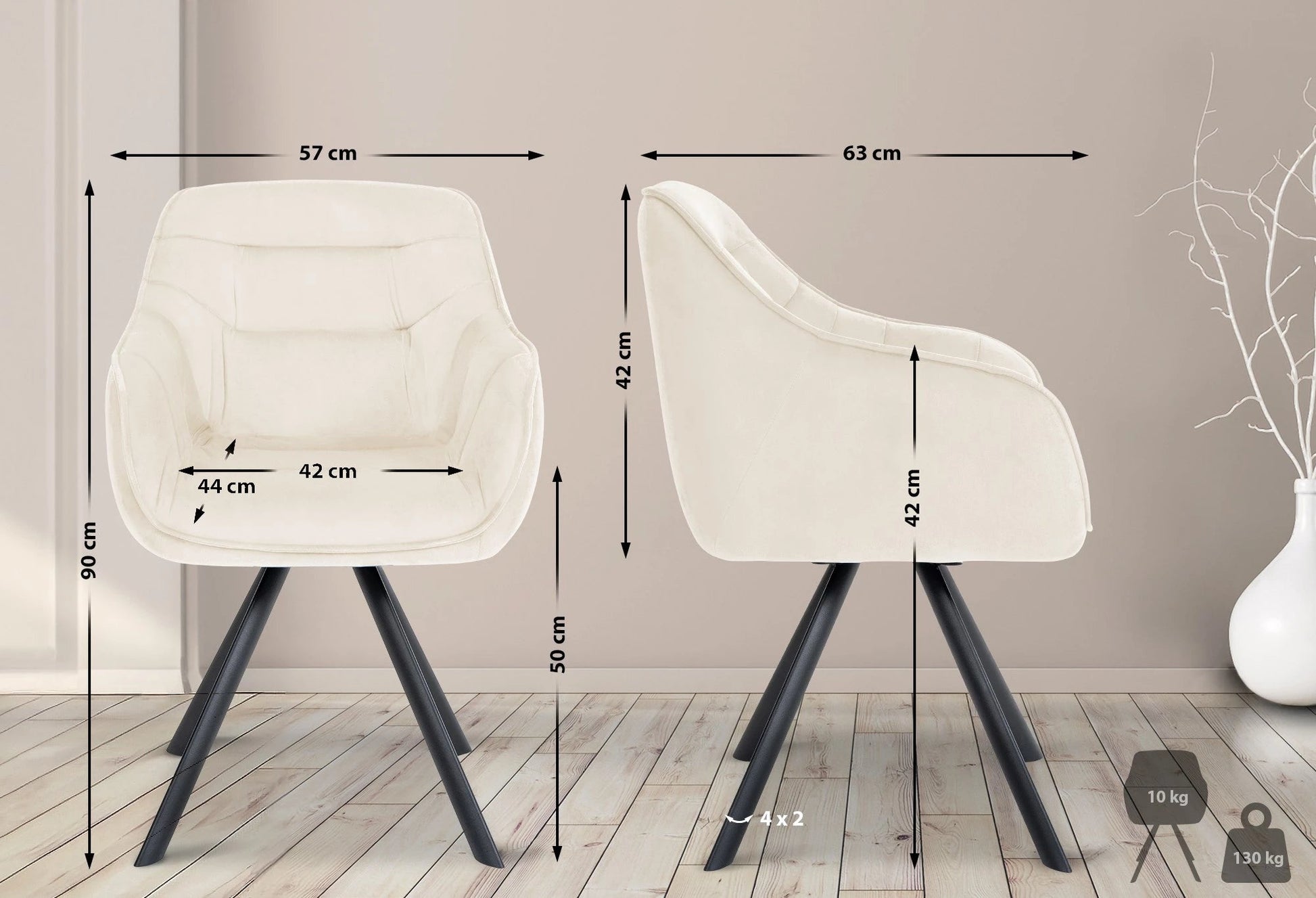 In And OutdoorMatch Eetkamerstoel Beverly - Crème - Met Armleuningen - Fluweel - Hoge Kwaliteit Bekleding - Comfortabele en Luxe Eetkamerstoel - Vintage Look Eetkamerstoel