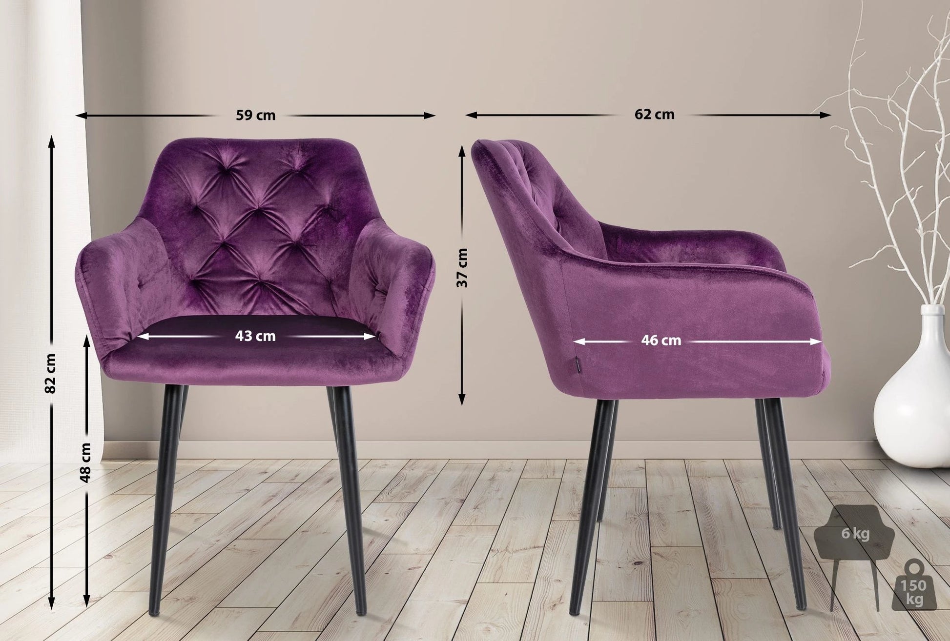 In And OutdoorMatch Eetkamerstoel Delilah - Paars - Fluweel - Hoogwaardige Bekleding - Stijlvolle Eetkamerstoel - Luxe Vintage Look Eetkamerstoel