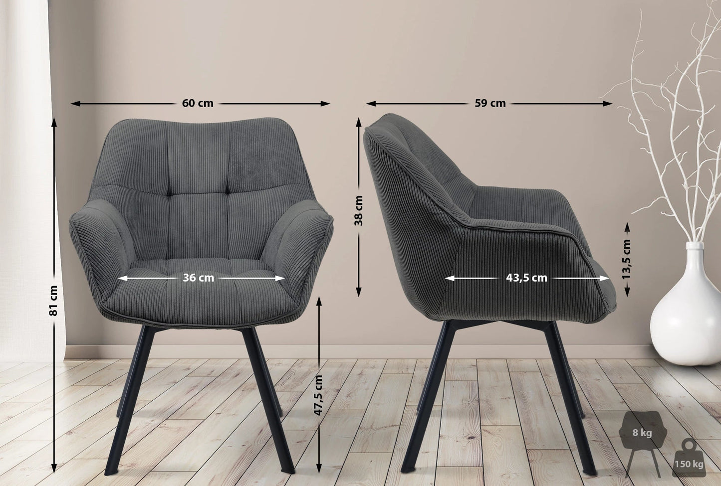 In And OutdoorMatch Eetkamerstoel Haylee - Stof - Hoge kwaliteit bekleding - Corduroy Eetkamerstoel - Stijlvol en eigentijds uiterlijk Eetkamerstoel