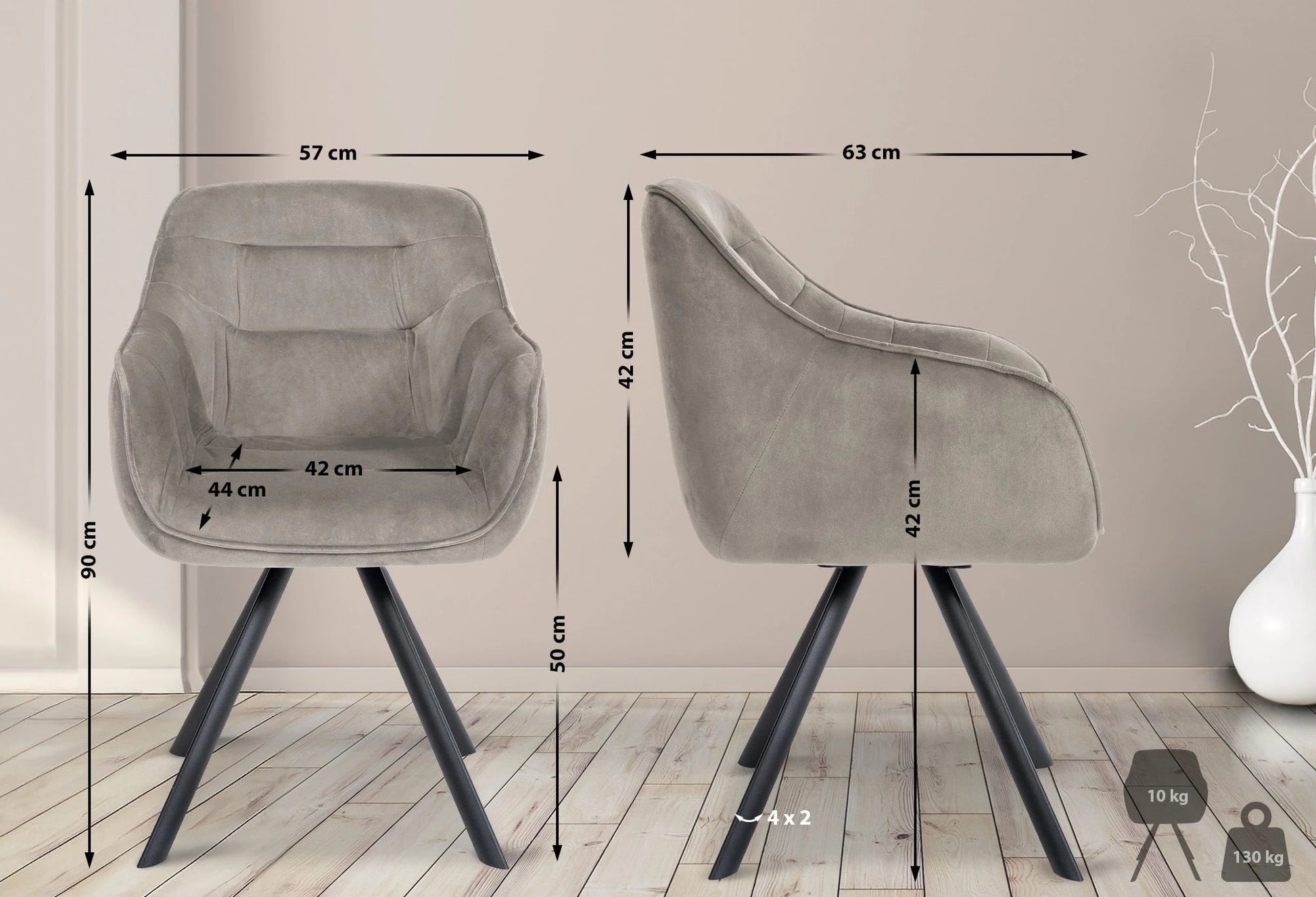 In And OutdoorMatch Eetkamerstoel Liselot - Lichtgrijs - Met Armleuningen - Fluweel - Hoge Kwaliteit Bekleding - Comfortabele en Luxe Eetkamerstoel - Vintage Look Eetkamerstoel