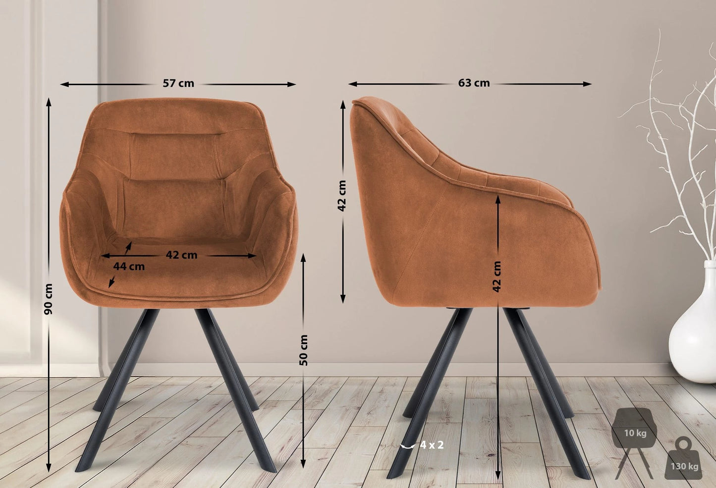 In And OutdoorMatch Eetkamerstoel Luisina - Bruin - Met Armleuningen - Fluweel - Hoge Kwaliteit Bekleding - Comfortabele en Luxe Eetkamerstoel - Vintage Look Eetkamerstoel