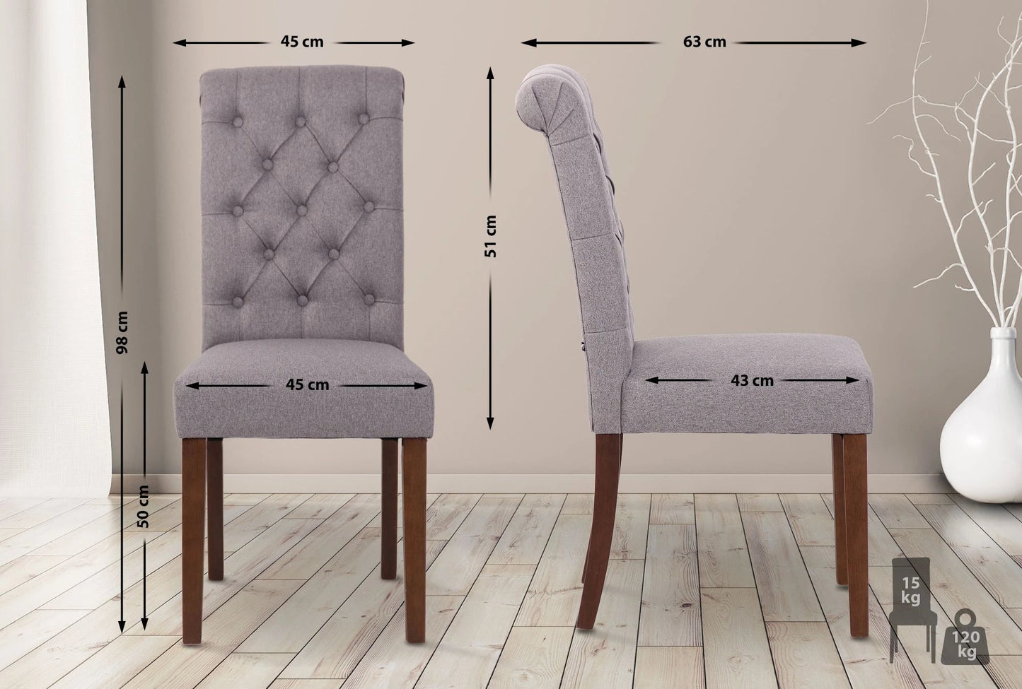 In And OutdoorMatch Eetkamerstoel Mabella - Grijs - Set van 2 - Stof - Hoge kwaliteit bekleding - Tijdloze eetkamerstoel - Vintage Look Eetkamerstoel