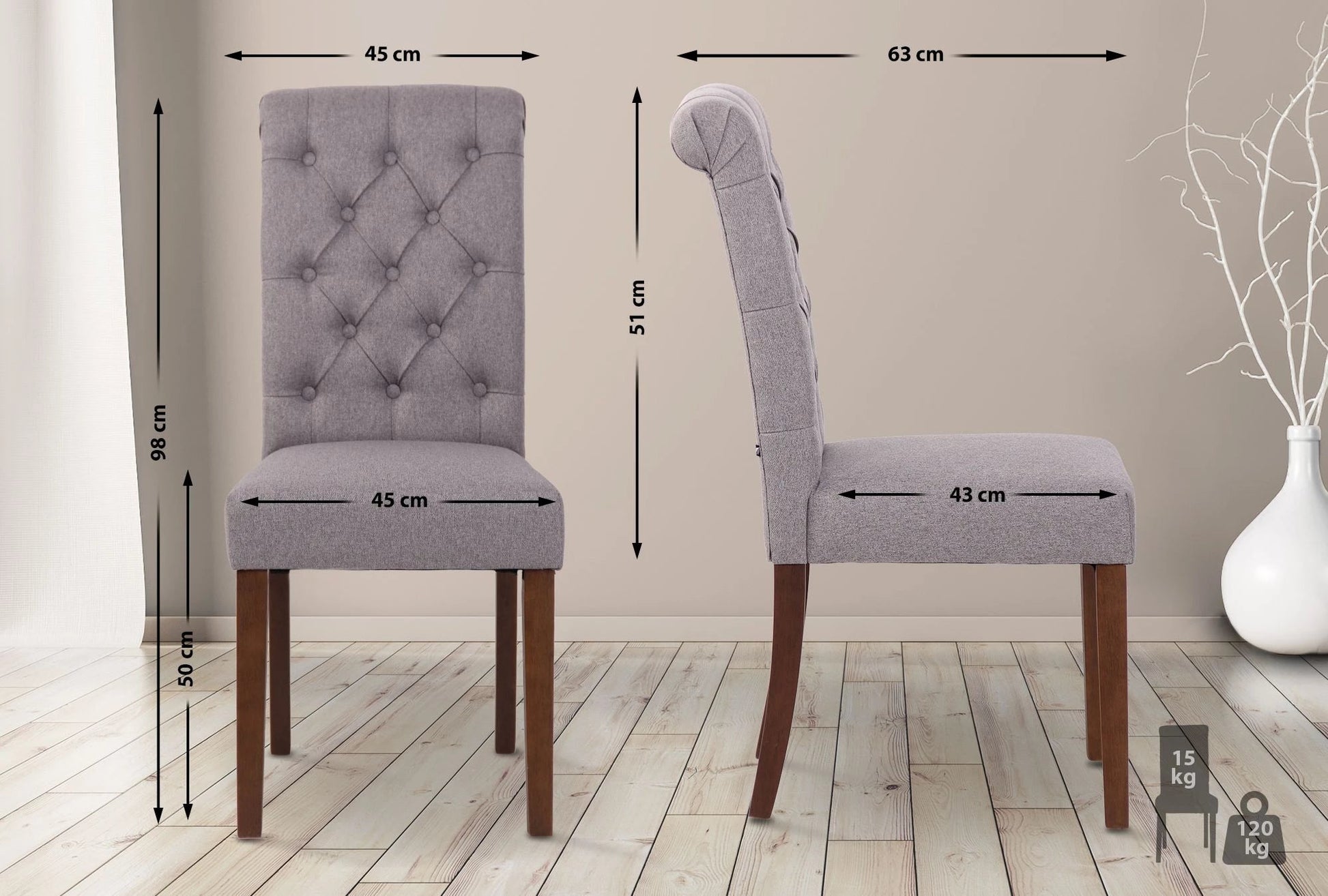 In And OutdoorMatch Eetkamerstoel Mabella - Grijs - Set van 2 - Stof - Hoge kwaliteit bekleding - Tijdloze eetkamerstoel - Vintage Look Eetkamerstoel