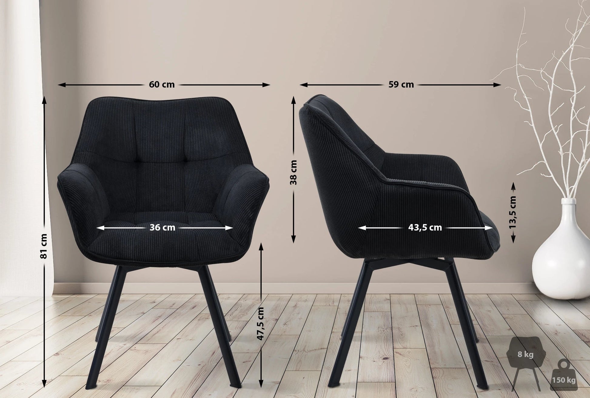 In And OutdoorMatch Eetkamerstoel Ralf - Zwart - Stof - Hoge kwaliteit bekleding - Corduroy Eetkamerstoel - Stijlvolle en eigentijdse uitstraling Eetkamerstoel