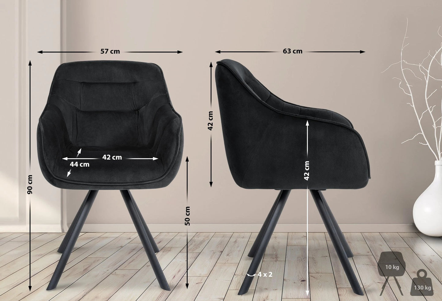 In And OutdoorMatch Eetkamerstoel Rico - Zwart - Met Armleuningen - Fluweel - Hoogwaardige Bekleding - Comfortabele en Luxe Eetkamerstoel - Vintage Look Eetkamerstoel