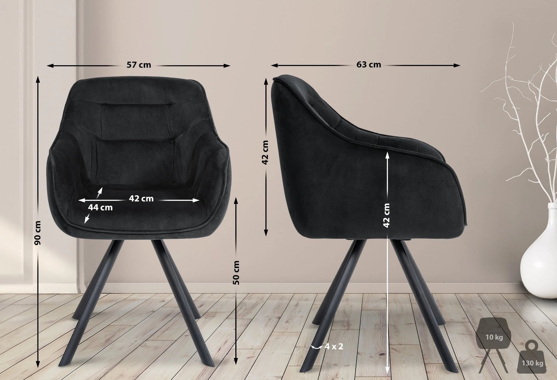 In And OutdoorMatch Eetkamerstoel Rico - Zwart - Met Armleuningen - Fluweel - Hoogwaardige Bekleding - Comfortabele en Luxe Eetkamerstoel - Vintage Look Eetkamerstoel