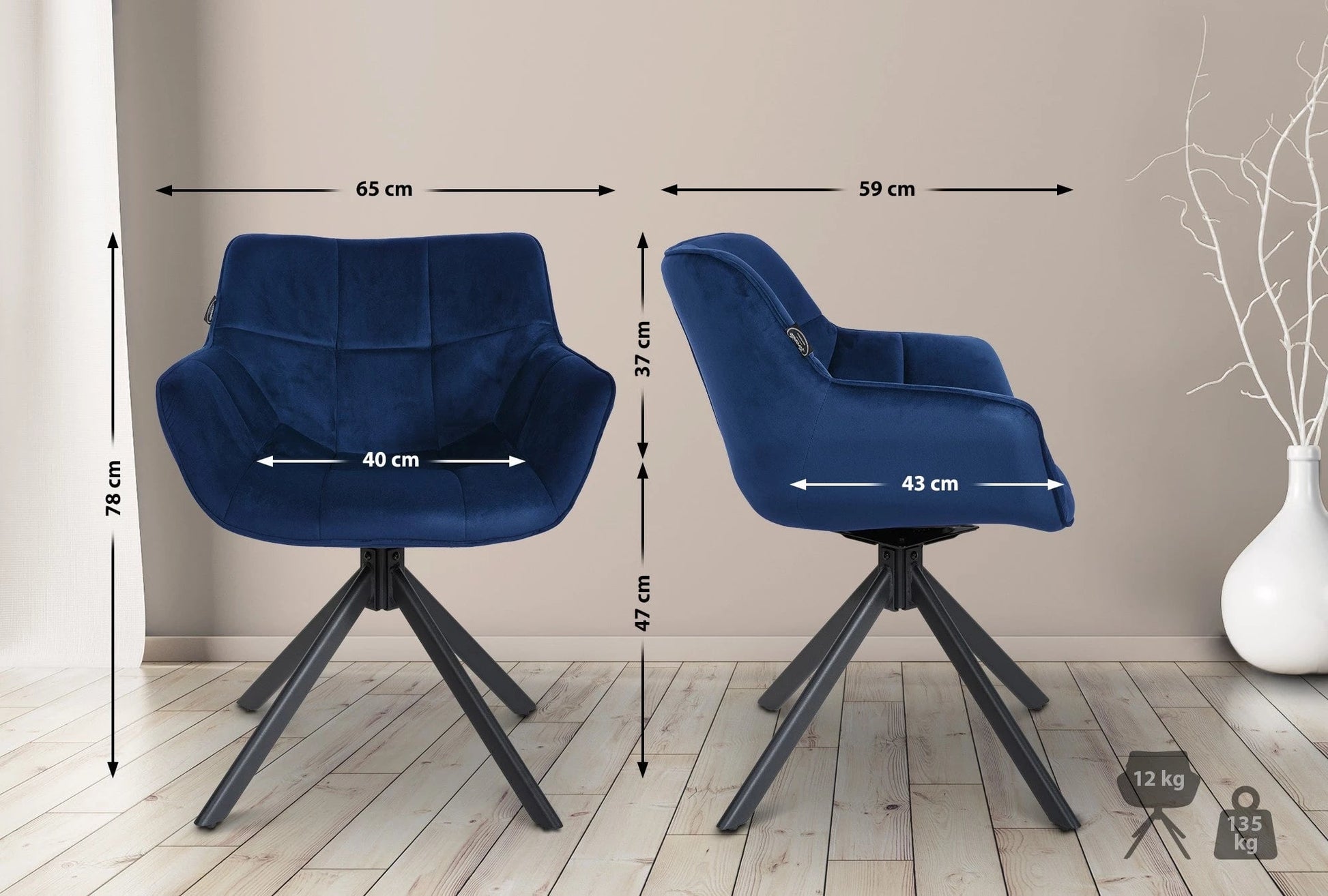 In And OutdoorMatch Eetkamerstoel Valentijn - Blauw - Fluweel - Hoogwaardige bekleding - Stijlvolle eetkamerstoel - Luxe en moderne uitstraling Eetkamerstoel