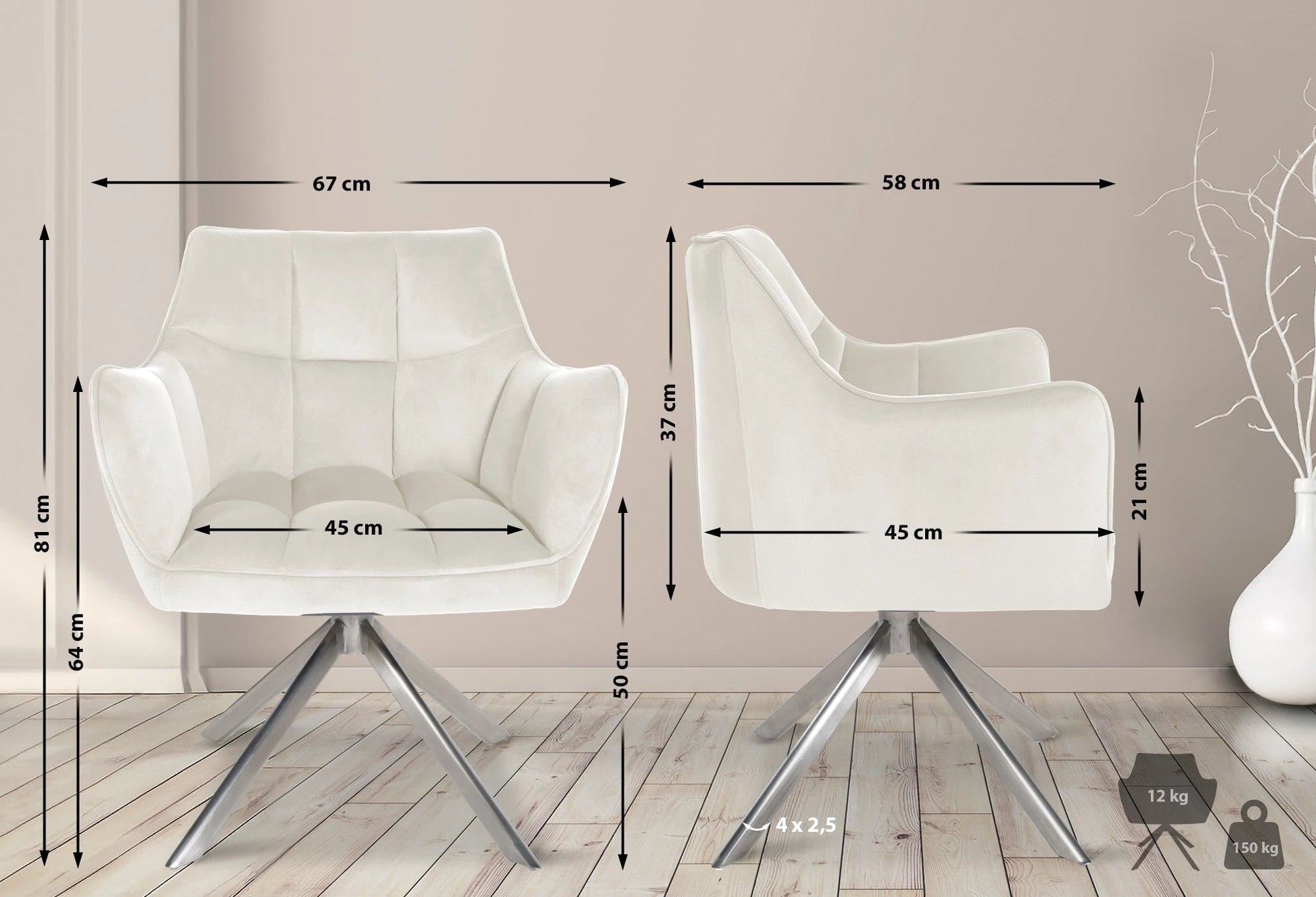 In And OutdoorMatch Eetkamerstoel Wesley - Wit en RVS - Fluweel - Hoogwaardige bekleding - Moderne Eetkamerstoel - Deluxe Look Eetkamerstoel