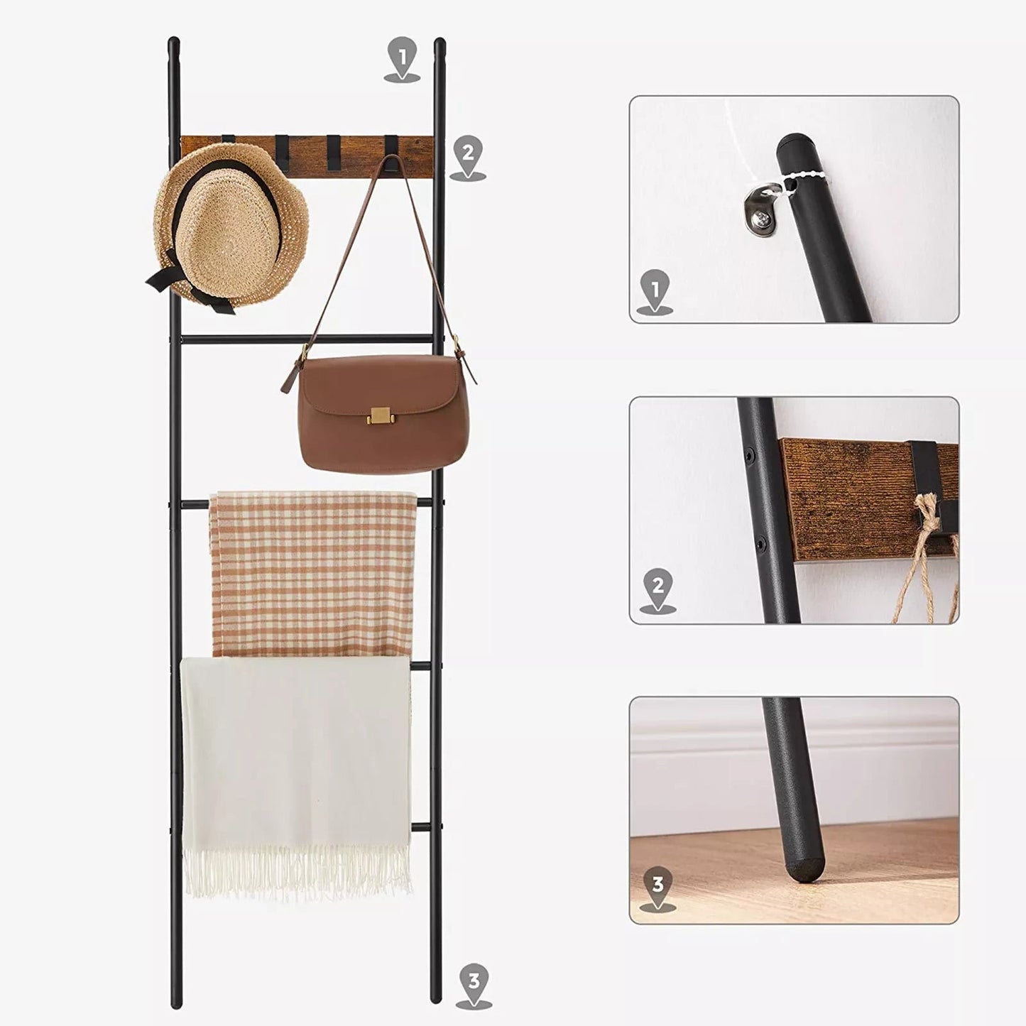 In And OutdoorMatch Handdoekladder Maude - Handdoekrek - Ladderplank - Leunend rek met 5 niveaus - 44x160cm - Ruimtebesparend - Metalen frame - 4 haken - Industriële stijl - Vintage Bruin/Zwart towel rack