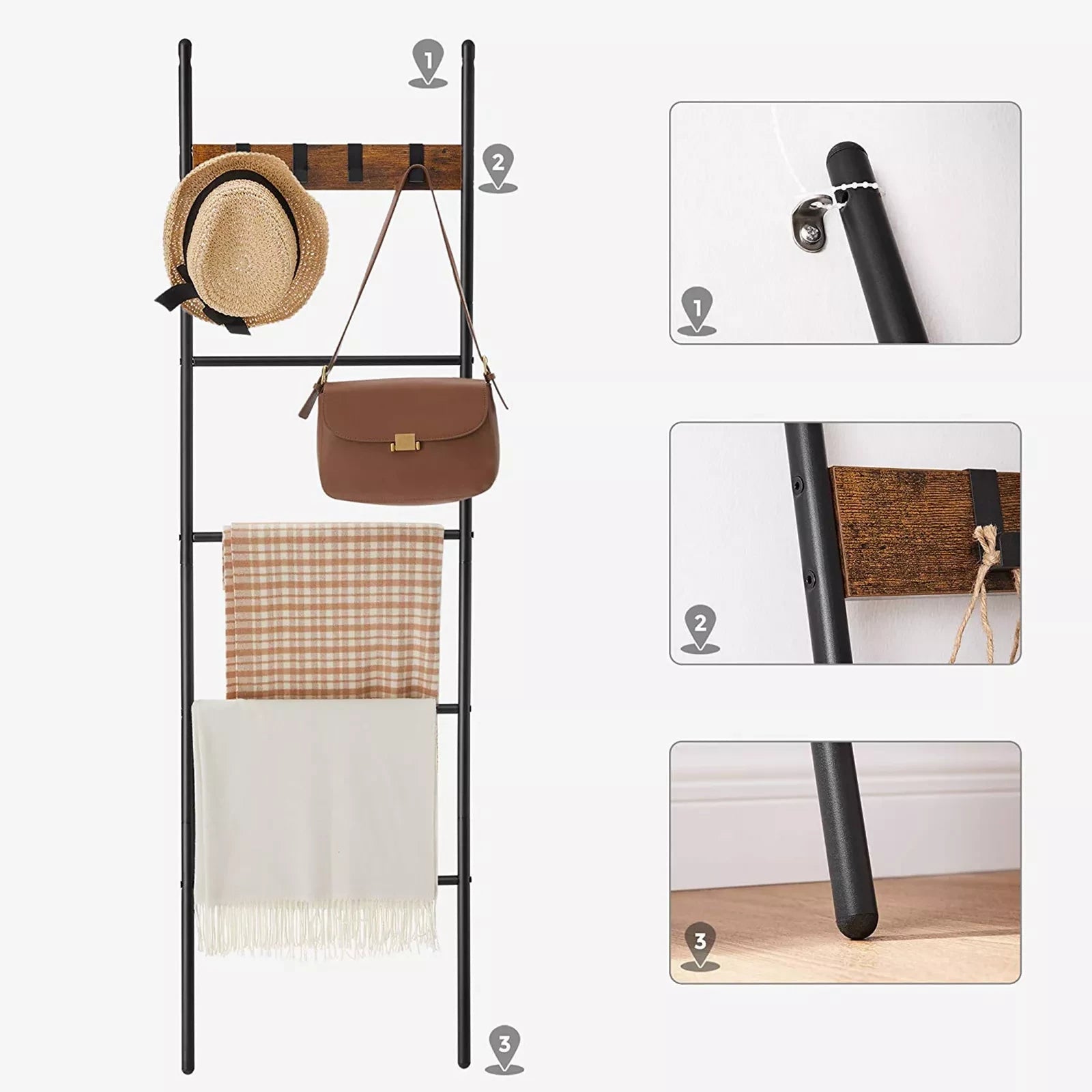 In And OutdoorMatch Handdoekladder Maude - Handdoekrek - Ladderplank - Leunend rek met 5 niveaus - 44x160cm - Ruimtebesparend - Metalen frame - 4 haken - Industriële stijl - Vintage Bruin/Zwart towel rack