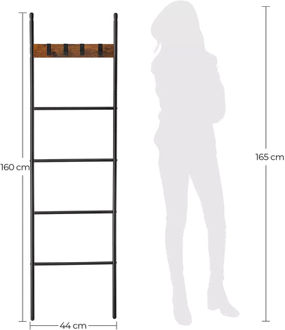 In And OutdoorMatch Handdoekladder Maude - Handdoekrek - Ladderplank - Leunend rek met 5 niveaus - 44x160cm - Ruimtebesparend - Metalen frame - 4 haken - Industriële stijl - Vintage Bruin/Zwart towel rack