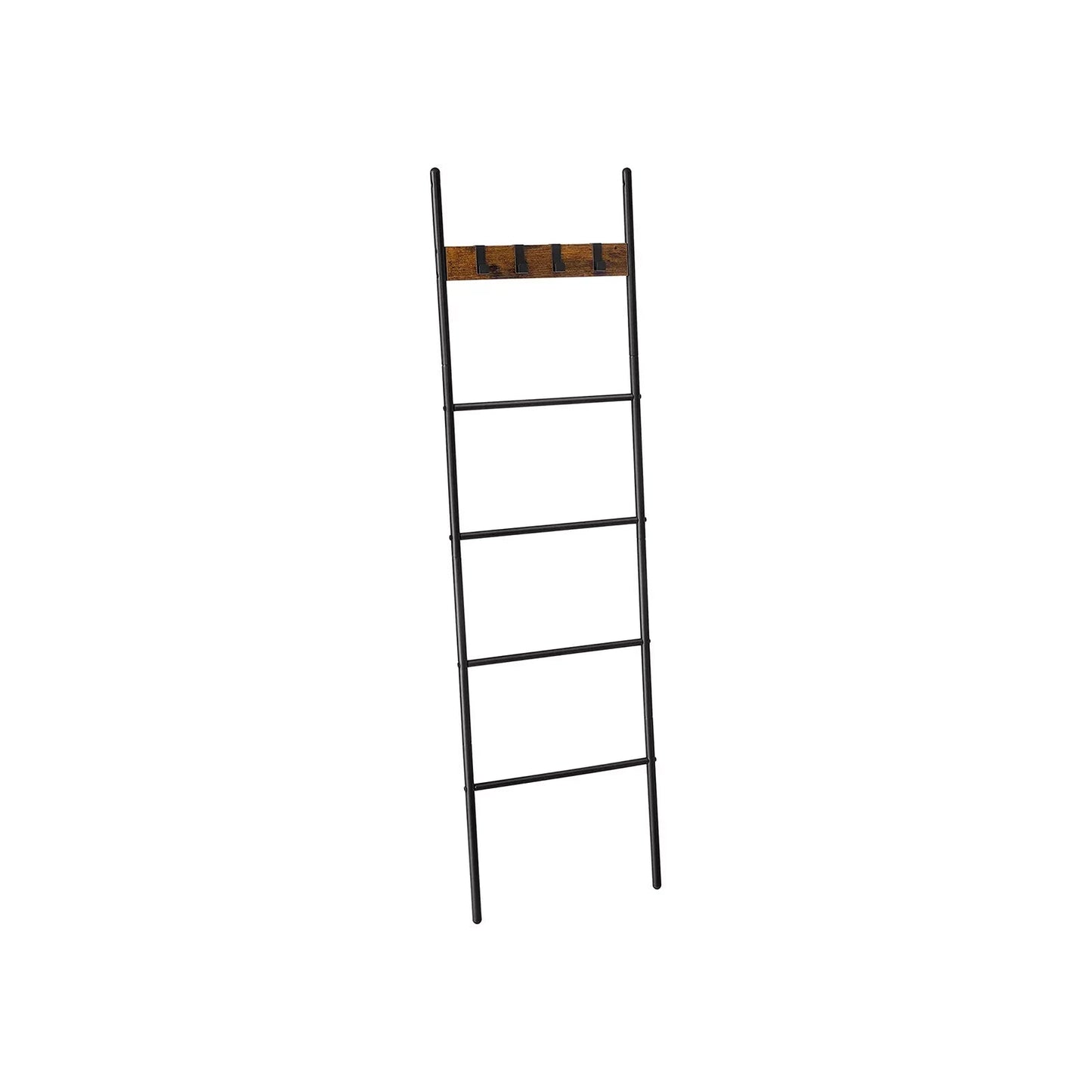 In And OutdoorMatch Handdoekladder Maude - Handdoekrek - Ladderplank - Leunend rek met 5 niveaus - 44x160cm - Ruimtebesparend - Metalen frame - 4 haken - Industriële stijl - Vintage Bruin/Zwart towel rack