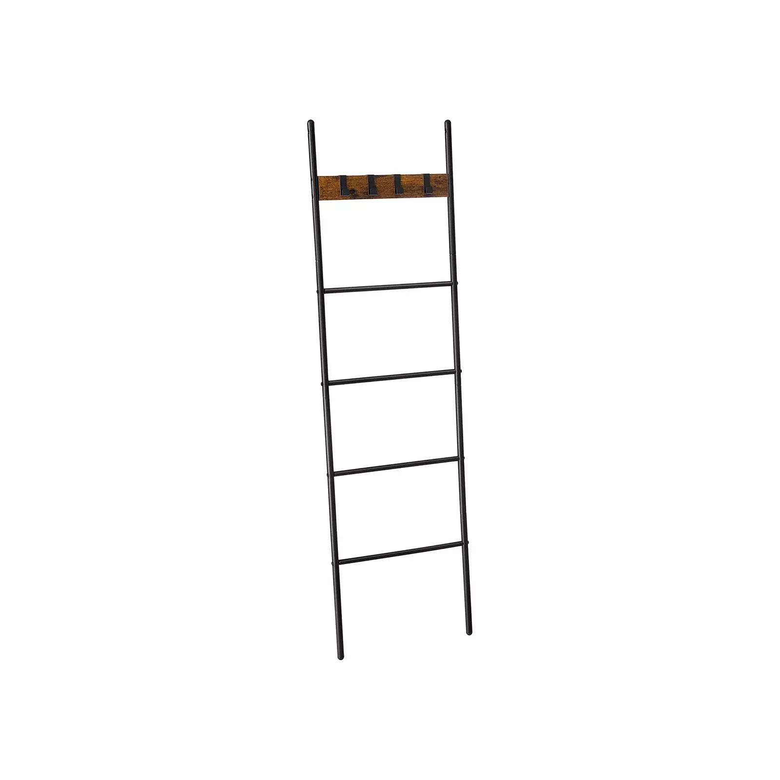 In And OutdoorMatch Handdoekladder Maude - Handdoekrek - Ladderplank - Leunend rek met 5 niveaus - 44x160cm - Ruimtebesparend - Metalen frame - 4 haken - Industriële stijl - Vintage Bruin/Zwart towel rack