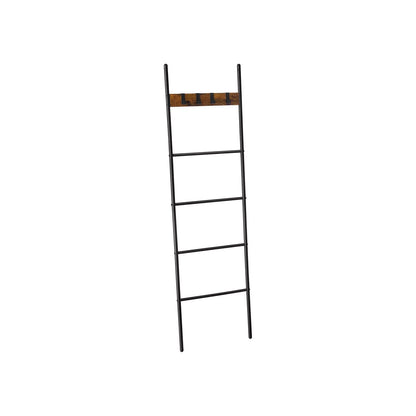 In And OutdoorMatch Handdoekladder Maude - Handdoekrek - Ladderplank - Leunend rek met 5 niveaus - 44x160cm - Ruimtebesparend - Metalen frame - 4 haken - Industriële stijl - Vintage Bruin/Zwart towel rack