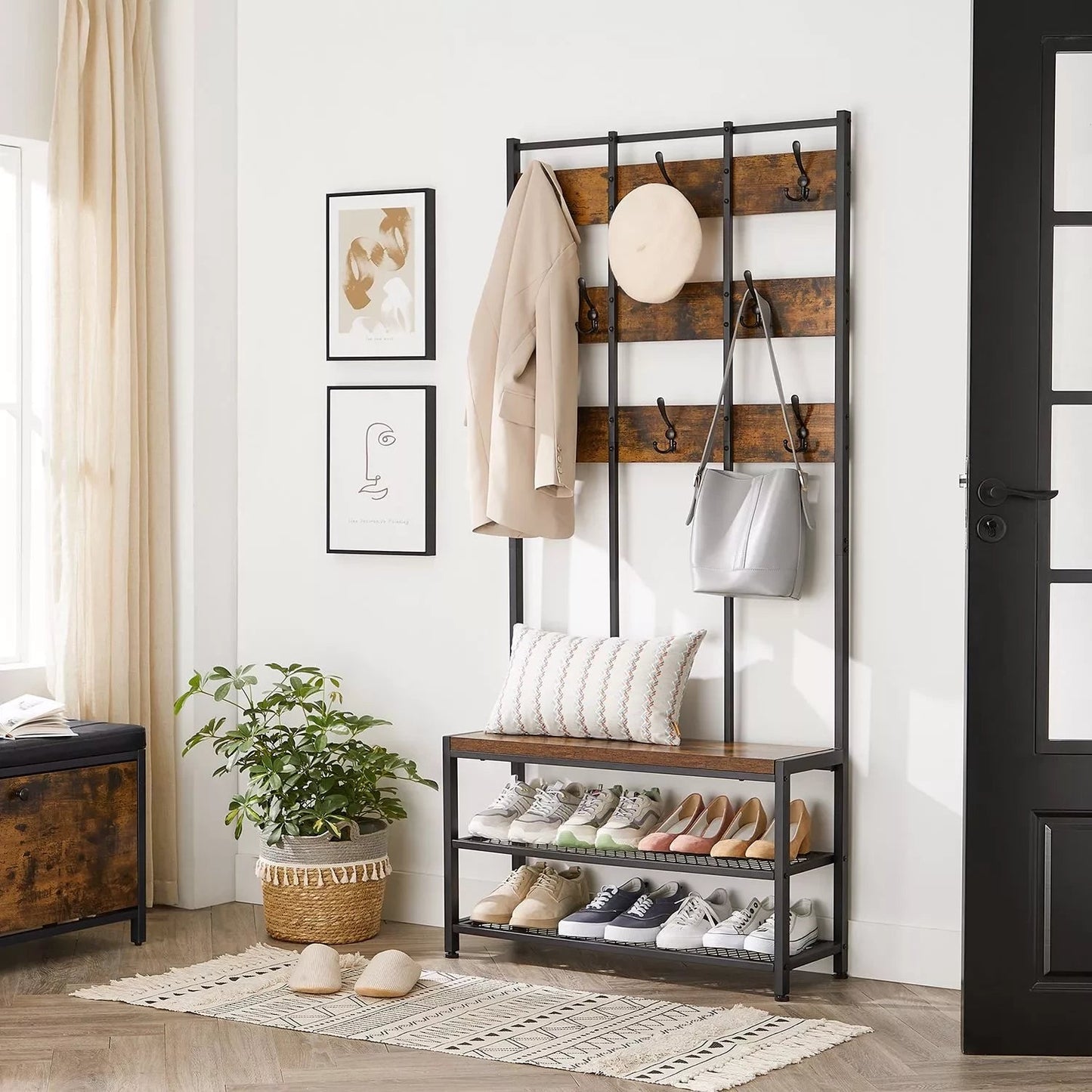 In And OutdoorMatch Kapstok Everett - Kledingrek - Met 8 Haken en Zitting - 2 Gaasplanken - Metalen Frame - Industriële Stijl - Vintage Bruin/Zwart Kapstok