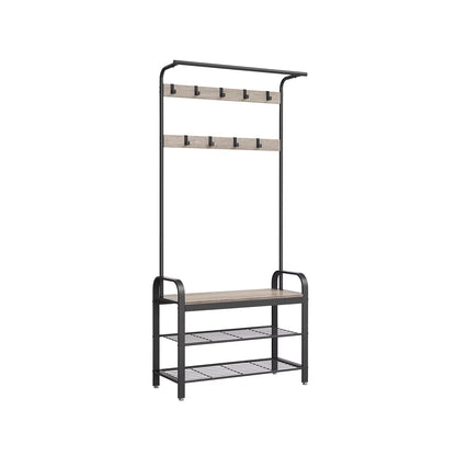 In And OutdoorMatch Kapstok Hillary - Kledingkast - Schoenenrek met Zitting - Kledingrek met 9 afneembare haken - Bank - 2 draadplanken - 183 cm hoog - Industrieel Design - Vintage Bruin/Zwart Kapstok