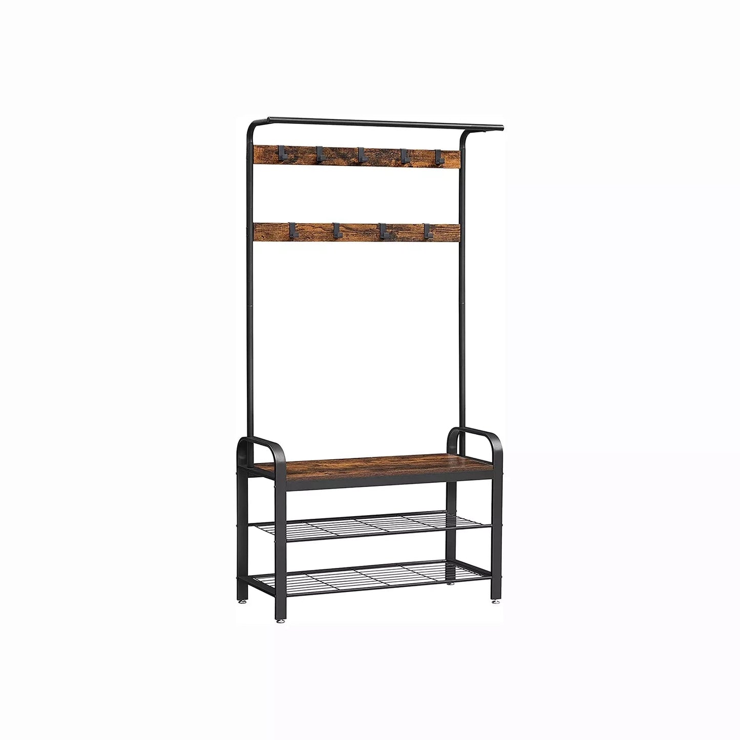 In And OutdoorMatch Kapstok Newell - Kledingkast - Schoenenrek met Zitje - Kledingrek met 9 afneembare haken - Bank - 2 draadplanken - 183 cm hoog - Industrieel Design - Vintage Bruin/Zwart Kapstok