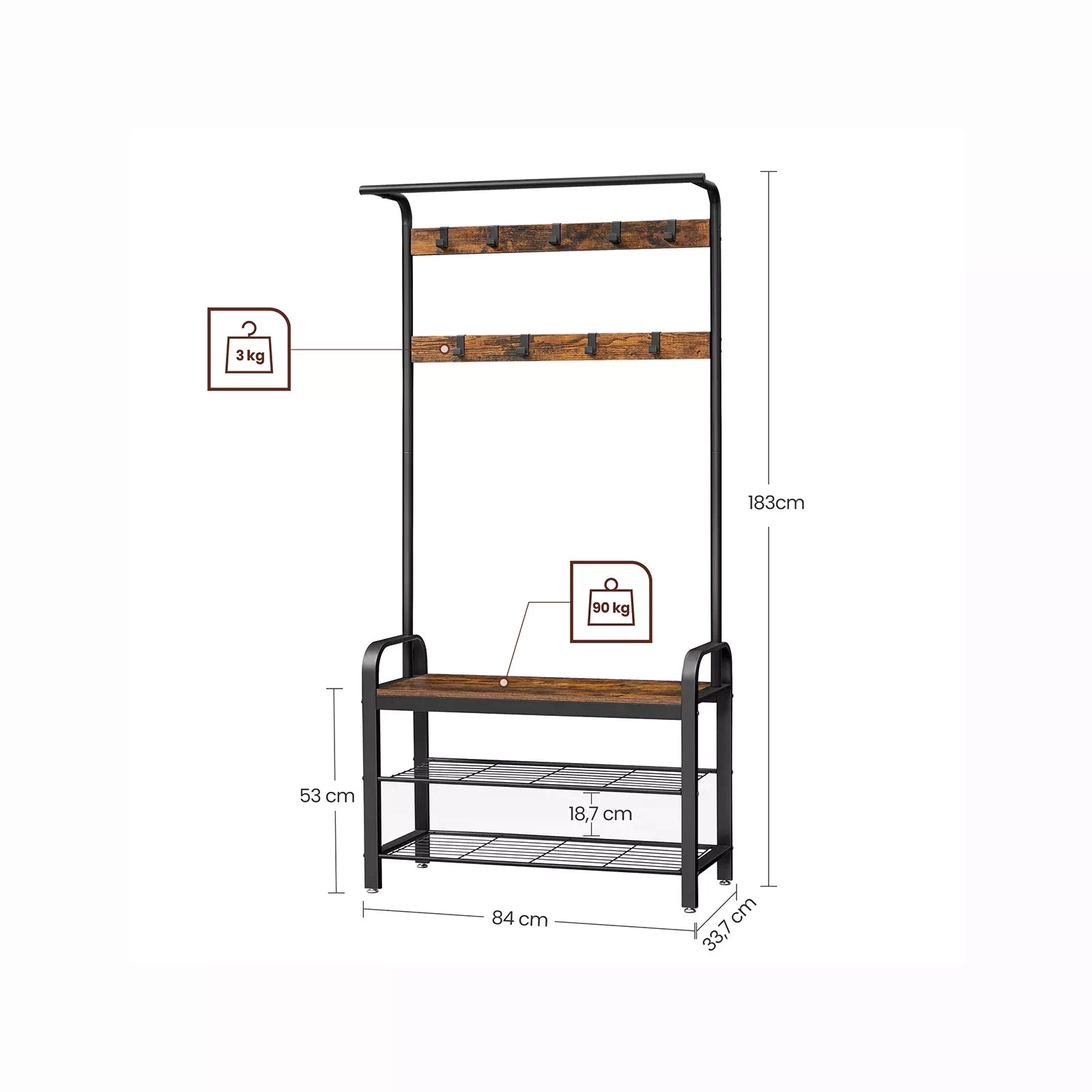 In And OutdoorMatch Kapstok Newell - Kledingkast - Schoenenrek met Zitje - Kledingrek met 9 afneembare haken - Bank - 2 draadplanken - 183 cm hoog - Industrieel Design - Vintage Bruin/Zwart Kapstok