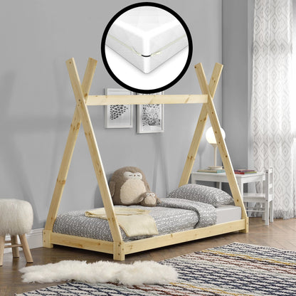 In And OutdoorMatch Kinderbed Bailey - Tipi - Met bedbodem en matras - 80x160cm - Houtkleurig - Jongensbed - Meisjesbed - Modern Design Eén persoon slapen