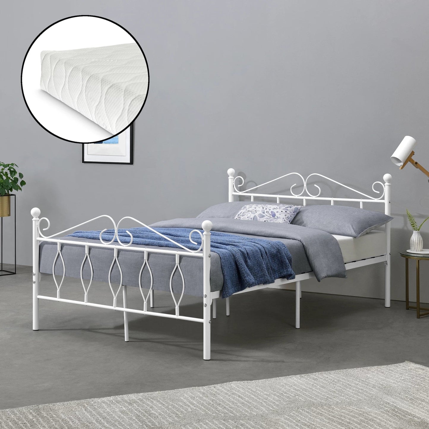 In And OutdoorMatch Metalen Bed Agustin - Staal - Met Bedbodem en Matras - 140x200 cm - Wit - Snelle Montage bed twee personen