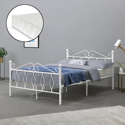 In And OutdoorMatch Metalen Bed Agustin - Staal - Met Bedbodem en Matras - 140x200 cm - Wit - Snelle Montage bed twee personen