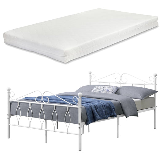 In And OutdoorMatch Metalen Bed Agustin - Staal - Met Bedbodem en Matras - 140x200 cm - Wit - Snelle Montage bed twee personen