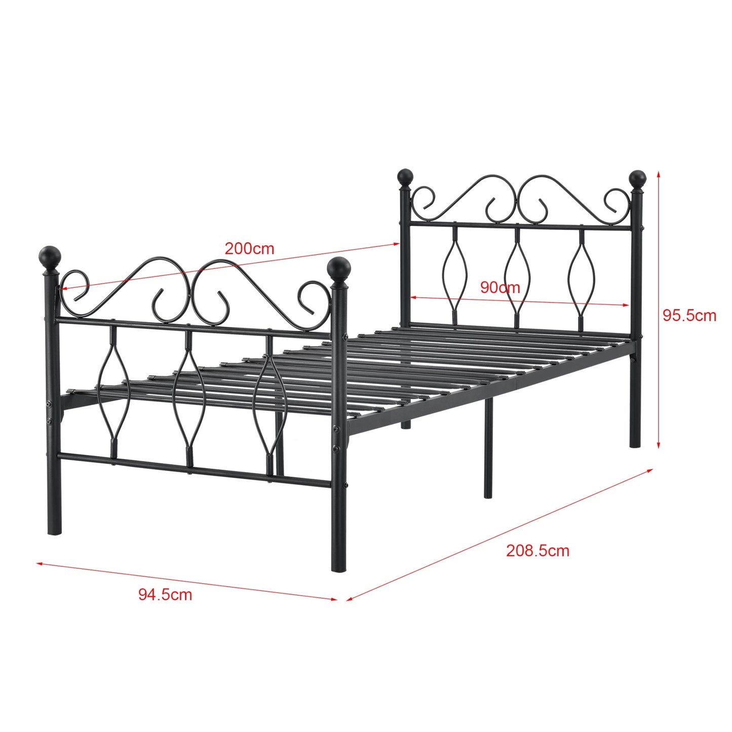 In And OutdoorMatch Metalen Bedframe Elfrieda - Staal - Met Bedbodem - Zwart - 90x200 cm - Snelle Montage Eén persoon slapen