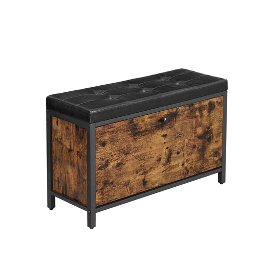In And OutdoorMatch Schoenenbank Theodora - Gestoffeerd - Organizer met klep - Schoenenkast - Voor 6 paar schoenen - Stalen Frame - Industrieel Design - Vintage Bruin/Zwart shoe bench