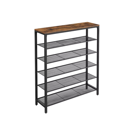 In And OutdoorMatch Schoenenrek Zoey - 5 roosterniveaus - Royale Oppervlak - Metalen Frame - Industrieel Ontwerp, Vintage Bruin/Zwart - 100x30x110cm shoe rack