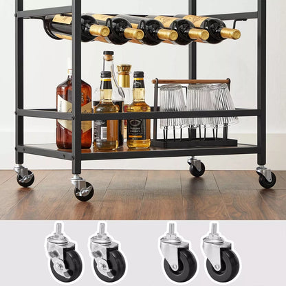 In And OutdoorMatch Serveerwagen Vanessa - Keukentrolley - Op Wielen - Met Planken - Glas- en Flessenhouders - 60x40x75cm - Industrieel Design - Vintage Bruin/Zwart Keuken Trolley
