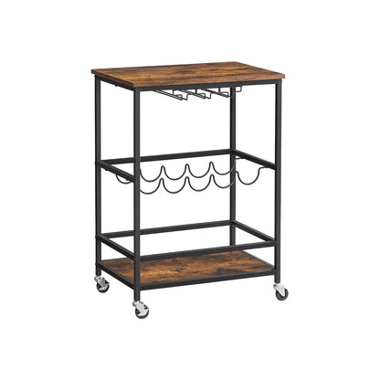 In And OutdoorMatch Serveerwagen Vanessa - Keukentrolley - Op Wielen - Met Planken - Glas- en Flessenhouders - 60x40x75cm - Industrieel Design - Vintage Bruin/Zwart Keuken Trolley
