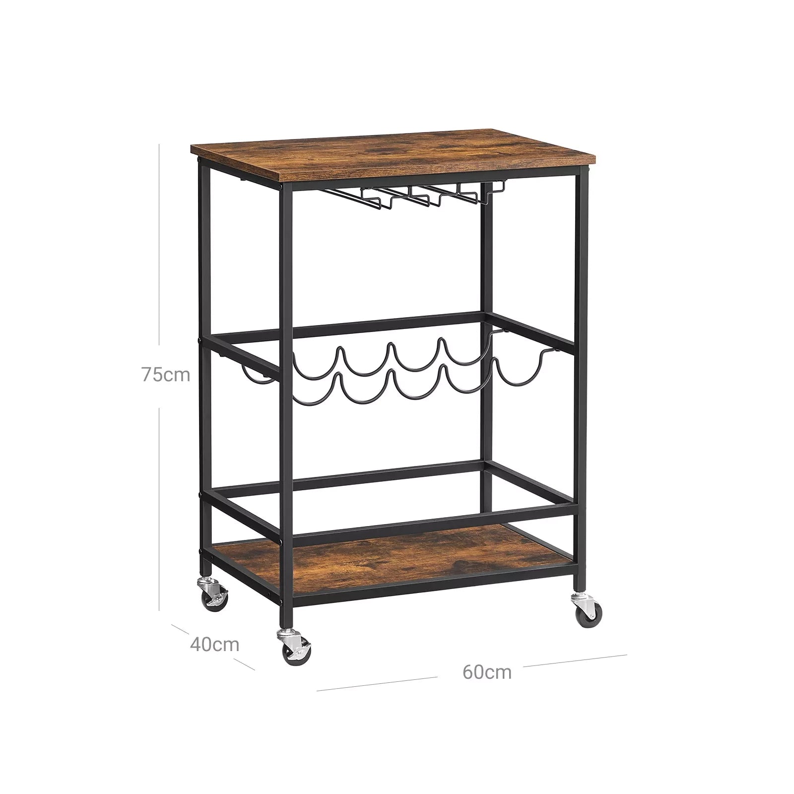 In And OutdoorMatch Serveerwagen Vanessa - Keukentrolley - Op Wielen - Met Planken - Glas- en Flessenhouders - 60x40x75cm - Industrieel Design - Vintage Bruin/Zwart Keuken Trolley